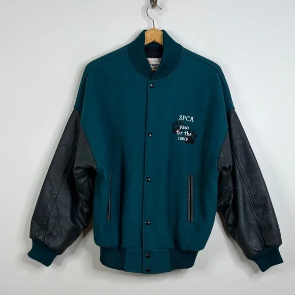 Vintage Varsity Jacket Mens Large Green Blue Wool Black Leather SPCA Dog Lover - Picture 2 of 16